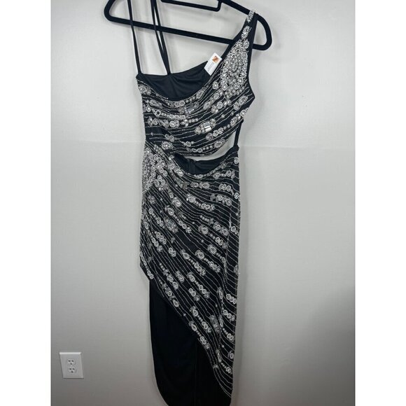 Mac Duggal 10880 One-Shoulder Cut Out Black Evening Gown Size 2 NWT Pearls Beads - Picture 4 of 12